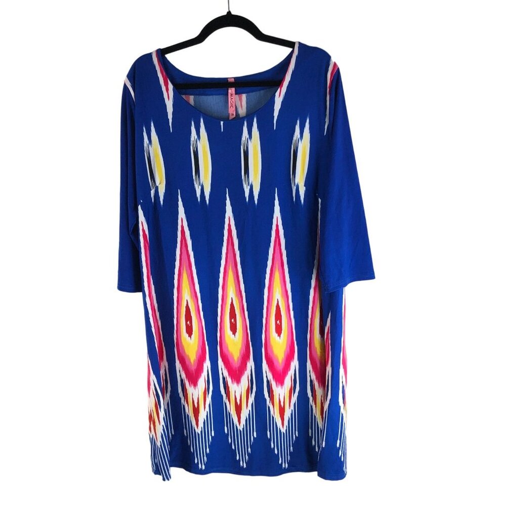 Magic Womens Blue Pink Ikat Print Tunic Shirt Shift Dress 3/4 Sleeve Size 3X